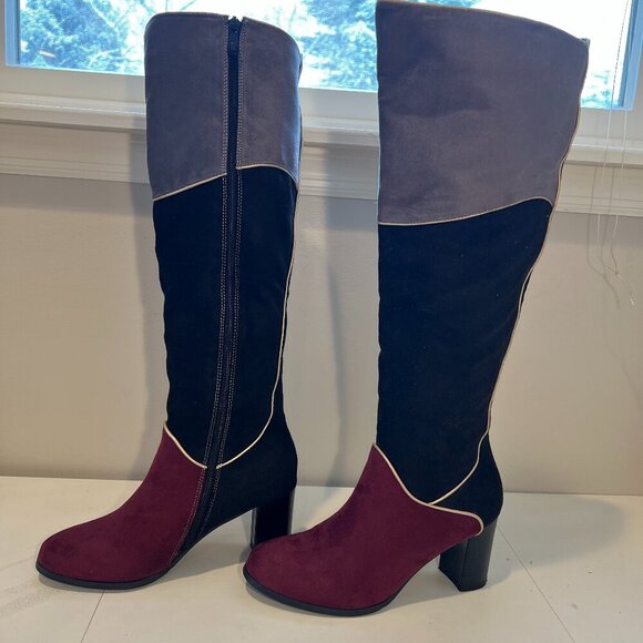 Ann Creek Shoes - Ann Creek 'Manuel' Faux Suede Black, Burgundy & Grey Knee High Boots, Size 8.5M